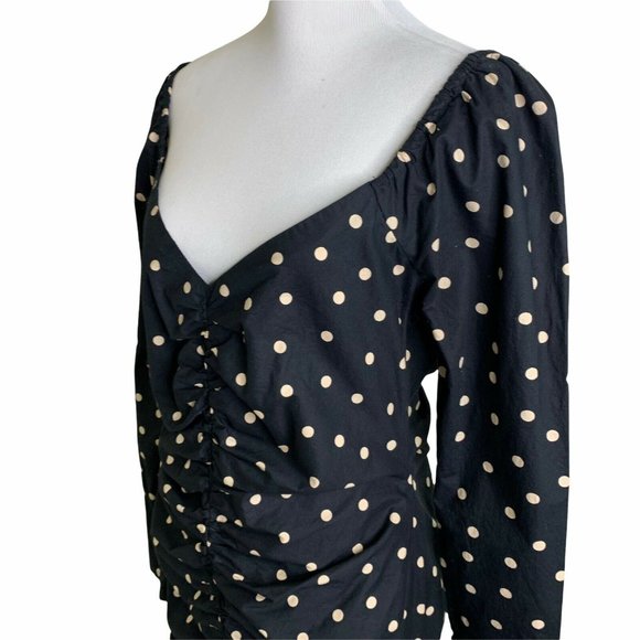 Asos Black Polka Dot Print Cotton Ruched Off The Shoulder Mini Dress Womens 10 - Picture 6 of 12